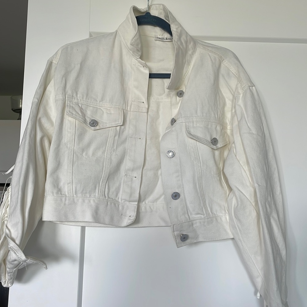 White fringe cropped denim jacket
